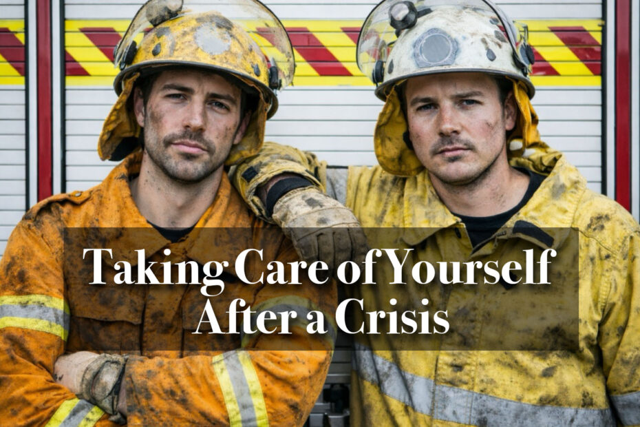 Two firefighters support each other after fighting a fire